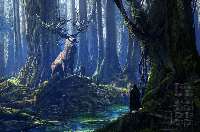 Обои картинки фото календари, фэнтези, олень, деревья