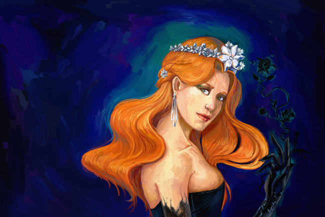 Обои картинки фото рисованное, комиксы, девушка, фон, взгляд, венок