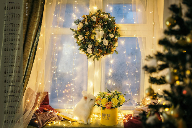 Обои картинки фото календари, праздники,  салюты, 2018, окно, гирлянда, кролик