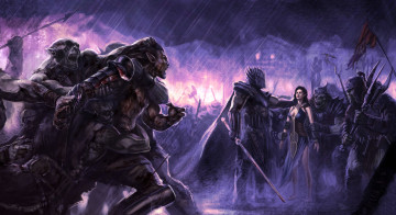 Картинка фэнтези существа униформа оружие орки девушка фон