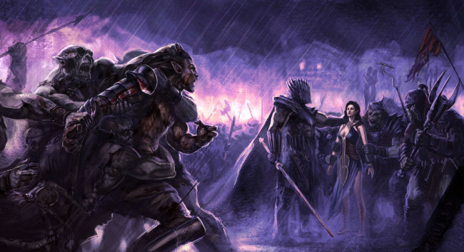 Обои картинки фото фэнтези, существа, униформа, оружие, орки, девушка, фон