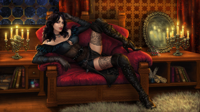 Обои картинки фото видео игры, the witcher 3,  wild hunt, девушка, фон, взгляд, диван, чулки