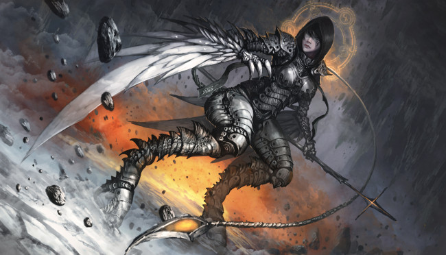 Обои картинки фото фэнтези, существа, девушка, фон, латы