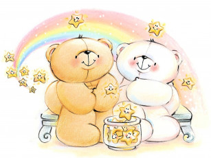 Картинка рисованное мишки+тэдди мишки радуга звезды банка скамейка
