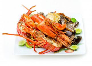 Картинка еда рыбные+блюда +с+морепродуктами краб мидии лайм