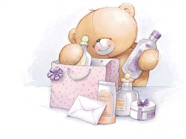 Обои картинки фото рисованное, мишки тэдди, мишка, подарок, флаконы, письмо