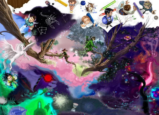 Обои картинки фото рисованное, люди, коллаж, животные, дерево