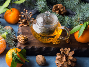 обоя еда, напитки,  чай, заварник, чай, орехи, шишки