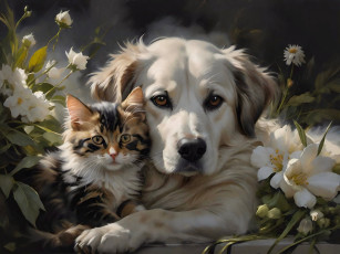 обоя рисованное, животные, кот, кошка, собака