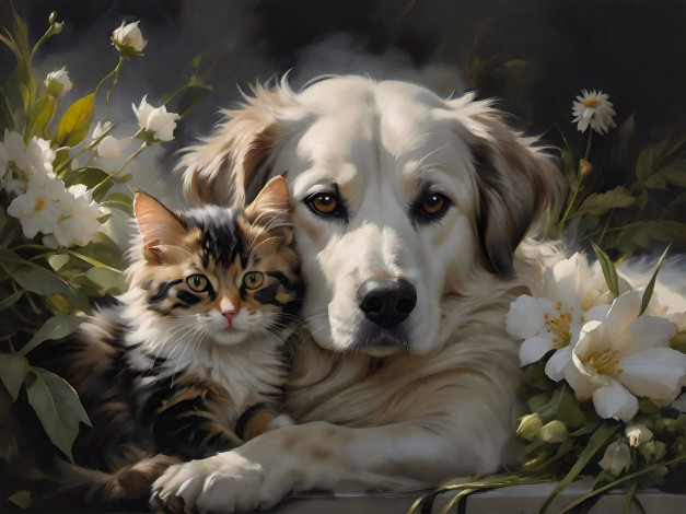 Обои картинки фото рисованное, животные, кот, кошка, собака