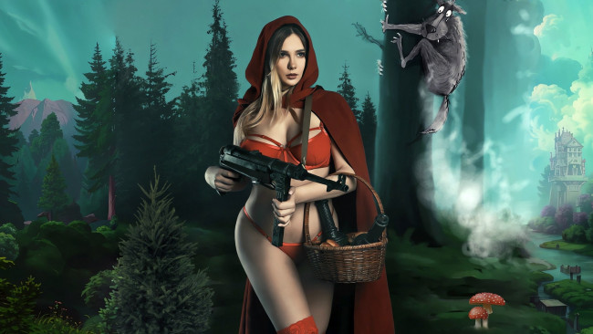 Обои картинки фото разное, компьютерный дизайн, брутальная, красная, шапочка