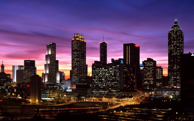 Обои картинки фото atlanta, skyline, at, sunset, georgia, города, огни, ночного, атланта