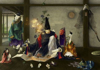 обоя nurarihyon, no, mago, аниме, журавль, оригами, девочка, маска, магия, лягушка