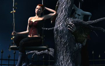 обоя 3д, графика, people, люди, качели, маска, ночь, дерево, сапоги, ограда, листья