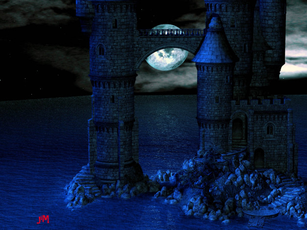 Обои картинки фото 3д, графика, architecture, архитектура, море, замок, луна