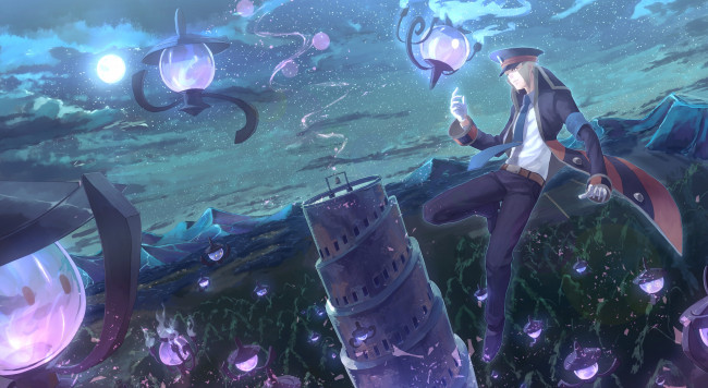 Обои картинки фото pokemon, аниме, фонари, башня