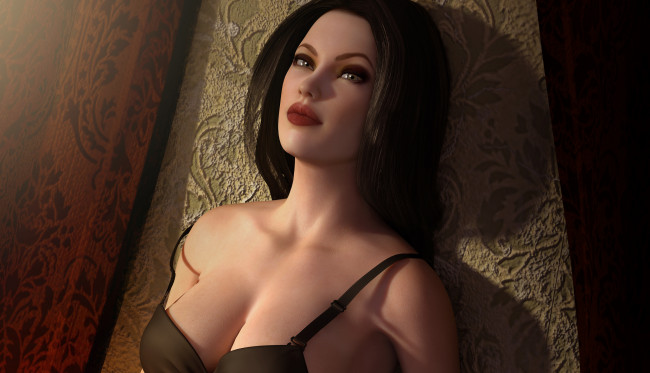 Обои картинки фото 3д, графика, portraits, портрет, губы, взгляд, рендеринг, девушка, лицо, макияж, волосы, грудь, стена