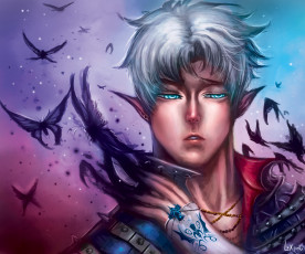 Картинка фэнтези эльфы серые волосы парень эльф бабочки взгляд