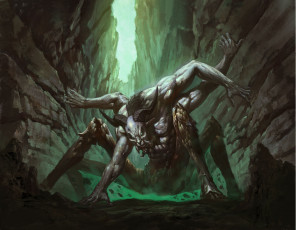 Картинка фэнтези существа четыре рога монстр горы ноги руки осколки