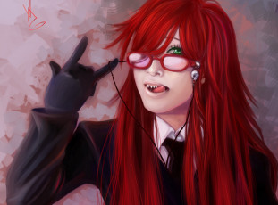 Картинка аниме kuroshitsuji взгляд очки язык арт шинигами садклиф грель перчатки парень дворнцкий тёмный