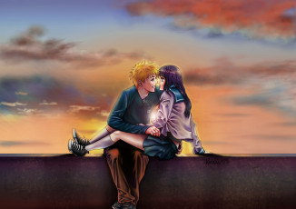 Картинка аниме naruto улыбка закат облака небо фан арт хината хьюга наруто узумаки пара девушка блондин брюнетка парень