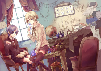 Картинка аниме kuroshitsuji комната alois trancy сиэль art бабочки череп телефон лампа ciel phantomhive парни yamada ako бардак книги свечи окно стол кресла дворецкий темный цветы бумага глобус фантомхайв транси алоис
