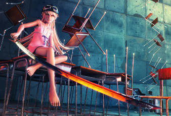 Картинка 3д+графика anime+ аниме стулья злость меч шлем оружие фон арт oshino shinobu девушка bakemonogatari парты