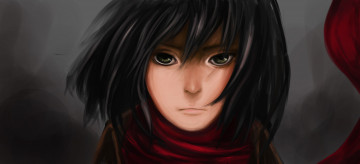 Картинка аниме shingeki+no+kyojin лицо арт девушка красный шарф волосы брюнетка взгляд