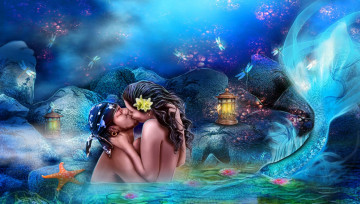 обоя фэнтези, русалки, русалка, поцелуй