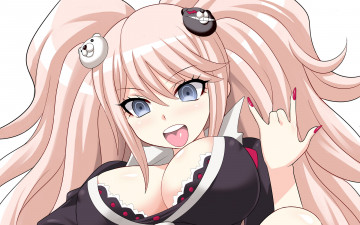 Картинка аниме danganronpa взгляд enoshima+junko девушка заколка медведь грудь руки волосы язык