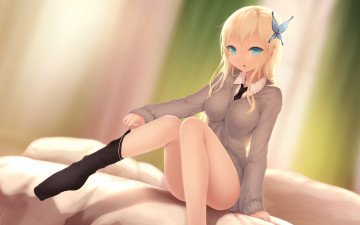 Картинка boku+wa+tomodachi+ga+sukunai аниме девушка kashiwazaki sena бабочка сидя диван одевается гольф boku wa tomodachi ga sukunai