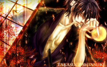 Картинка аниме gintama искры цветы самурай мужчина бинт желтая луна takasugi shinsuke