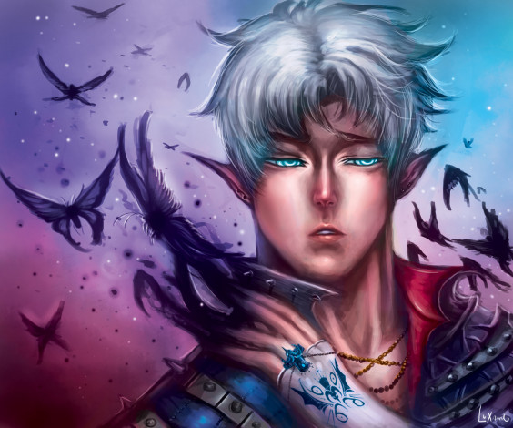 Обои картинки фото фэнтези, эльфы, серые, волосы, парень, эльф, бабочки, взгляд