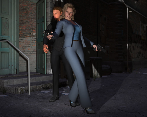 Обои картинки фото scarlet, 3д графика, fantasy , фантазия, ночь, оружие, парень, девушка