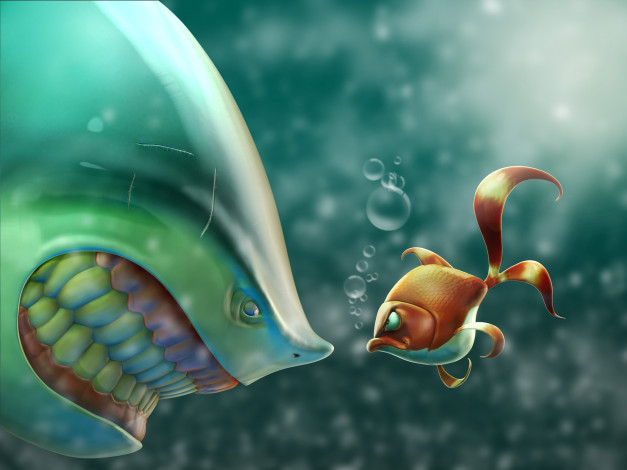 Обои картинки фото рисованные, животные,  рыбы, рыбы, ситуация, море, акула, золотая, злость, пузырьки, рыбка