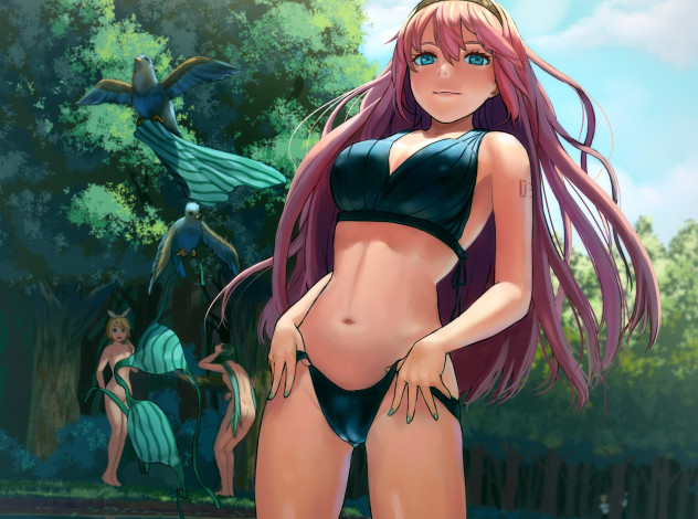 Обои картинки фото vocaloid, аниме, lasterk, kagamine, rin, арт, len, небо, парни, вокалоид, megurine, luka, hatsune, miku, деревья, птицы, вода, природа, девушки, облака, kaito