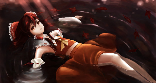 Обои картинки фото аниме, touhou, листья, вода, лежит, взгляд, hakurei, reimu, девушка, sashimi, art