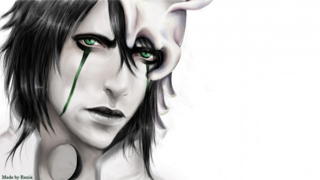 Обои картинки фото аниме, bleach, взгляд, лицо, аранкар, брюнет, блич, парень, фон, шиффер, белый, улькиорра