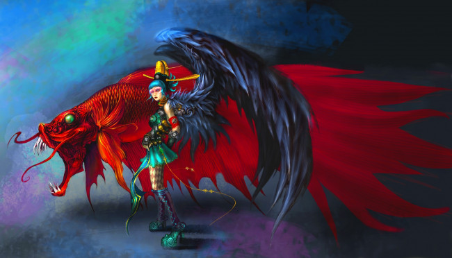 Обои картинки фото фэнтези, ангелы, сюрреализм, петушок, рыбка, девушка, крылья
