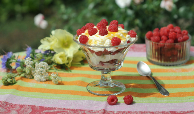 Обои картинки фото еда, мороженое,  десерты, творожок, малина