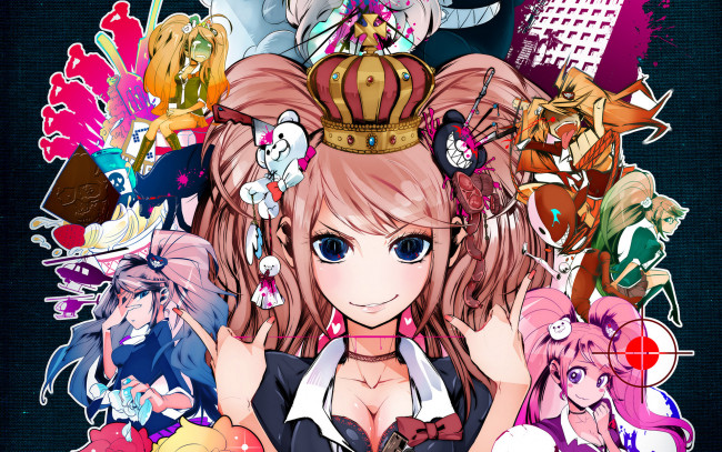 Обои картинки фото аниме, danganronpa, корона, enoshima junko, нож, медведь, кровь, нить, улыбка, взгляд, волосы, люди