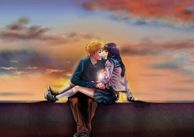 Обои картинки фото аниме, naruto, улыбка, закат, облака, небо, фан, арт, хината, хьюга, наруто, узумаки, пара, девушка, блондин, брюнетка, парень