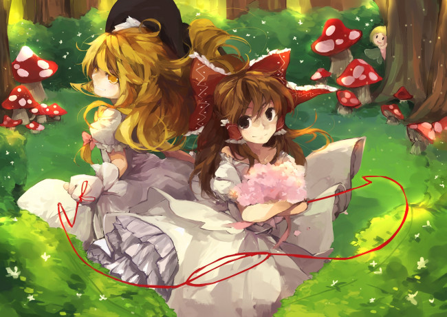 Обои картинки фото аниме, touhou, бант, девушки, kirisame, marisa, hakurei, reimu, shuzi, арт, улыбка, шляпа, грибы, деревья, природа, цветы, букет