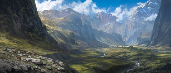 Обои картинки фото рисованное, природа, горы, река, олени, облака