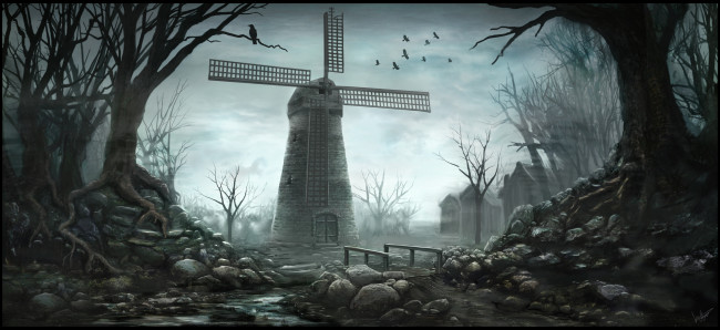 Обои картинки фото рисованное, природа, дома, река, деревья, ветряная, мельница