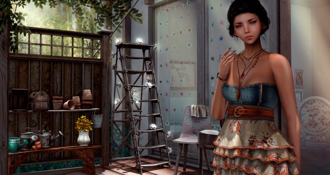 Обои картинки фото 3д графика, люди , people, взгляд, девушка, комната