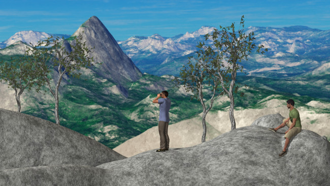 Обои картинки фото 3д графика, люди , people, мужчины, небо, деревья, горы
