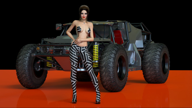 Обои картинки фото автомобили, 3d car&girl, девушка, взгляд, фон, автомобиль