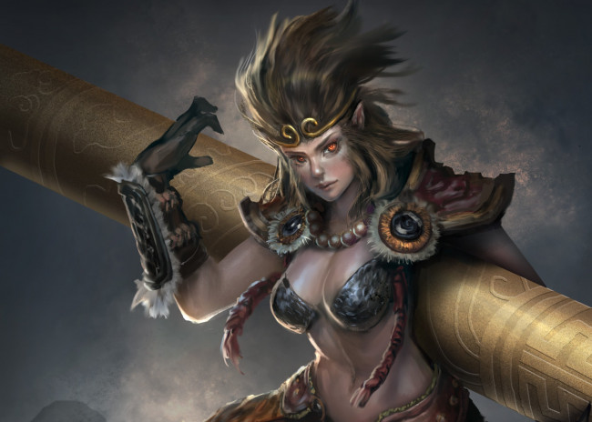 Обои картинки фото фэнтези, девушки, эротика, арт, фантастика, девушка, взгляд, волосы, мех