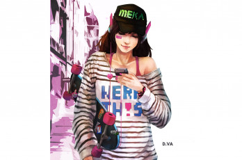 Картинка видео+игры overwatch hana song телефон skateboard наушники art девушка